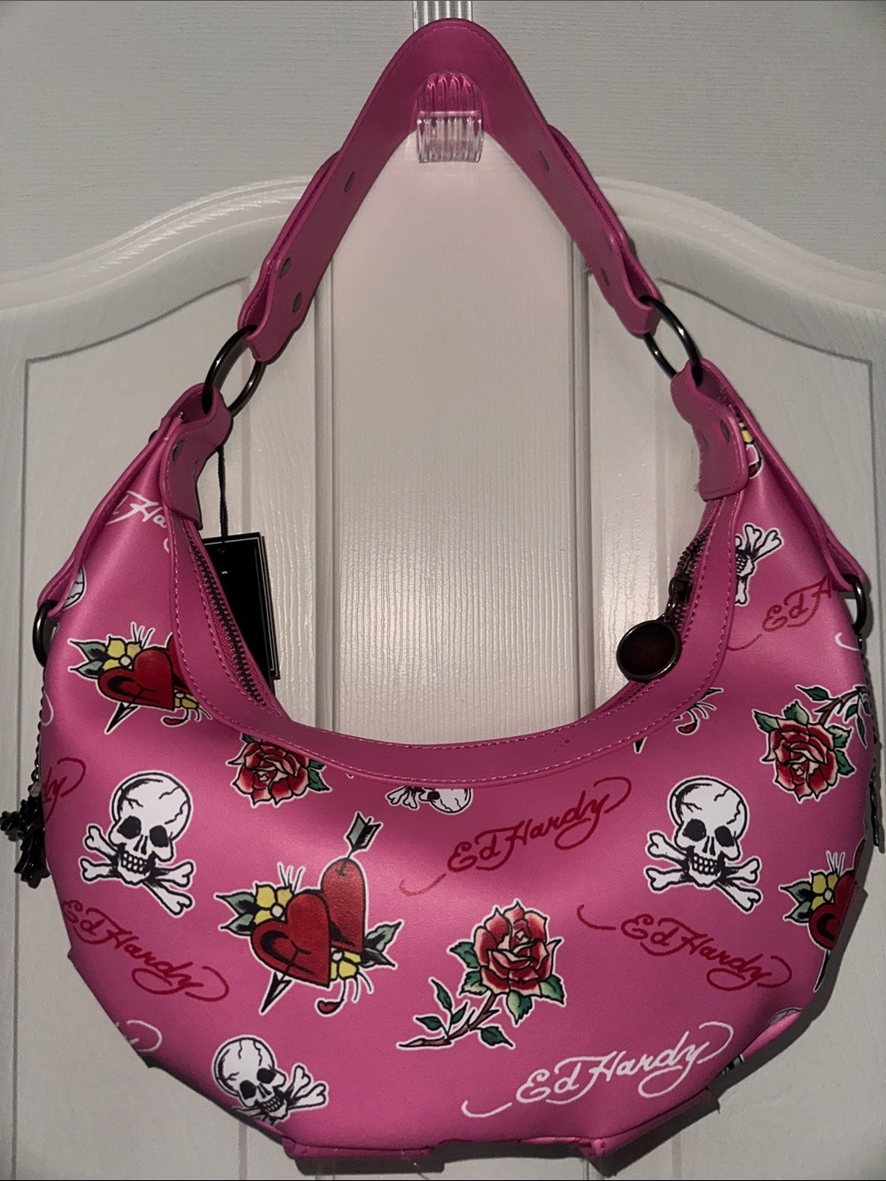 Ed Hardy Hot Pink Tattoo-Print Shoulder Bag with Stud Accents Y2K 2000s